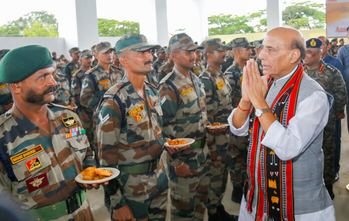 Rajnath Singh interacts with troops at Headquarters Inspector General Assam Rifles